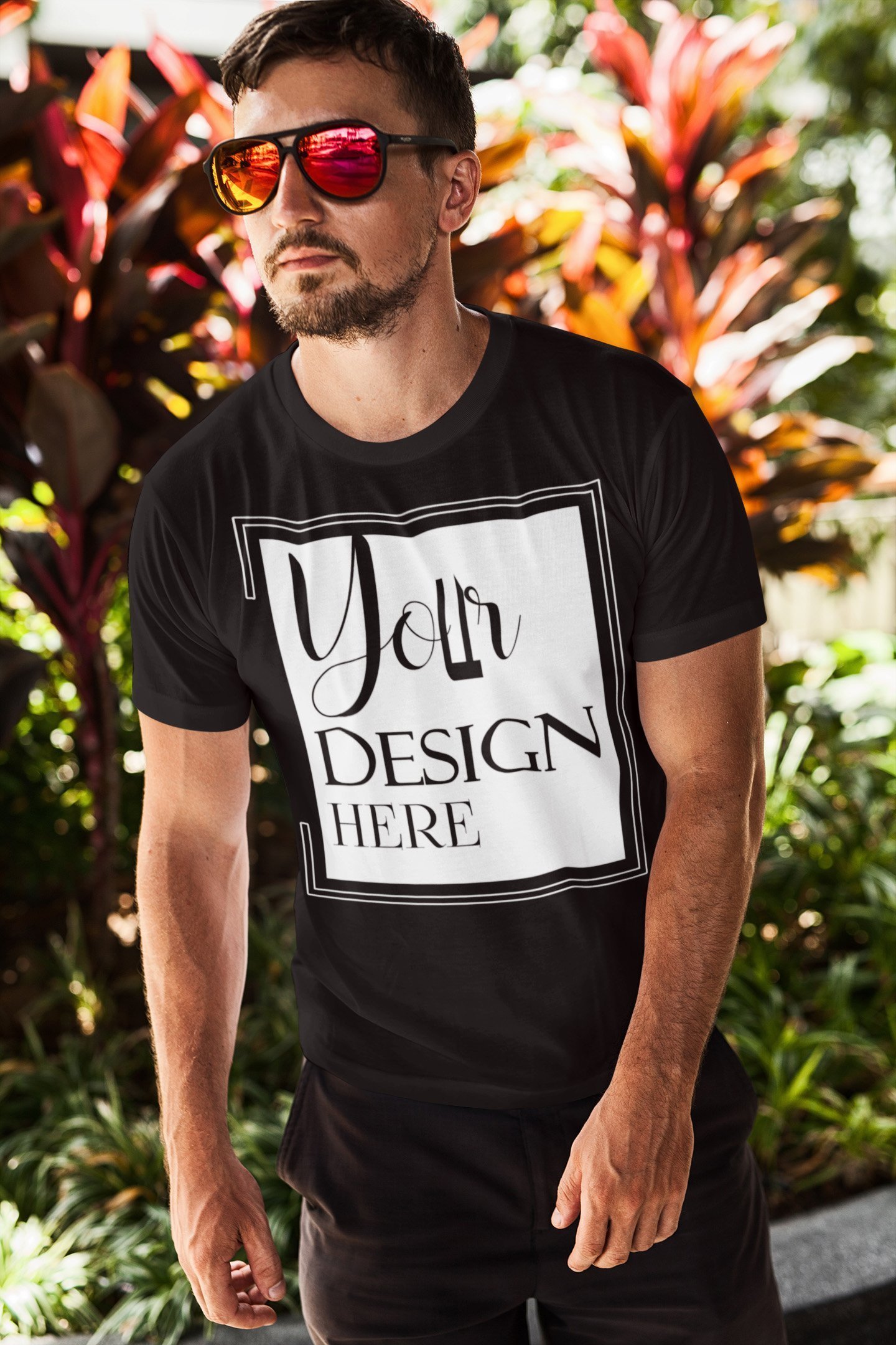 bearded-man-with-sunglasses-posing-in-front-of-some-plants Personalized Unisex Jersey T-Shirt