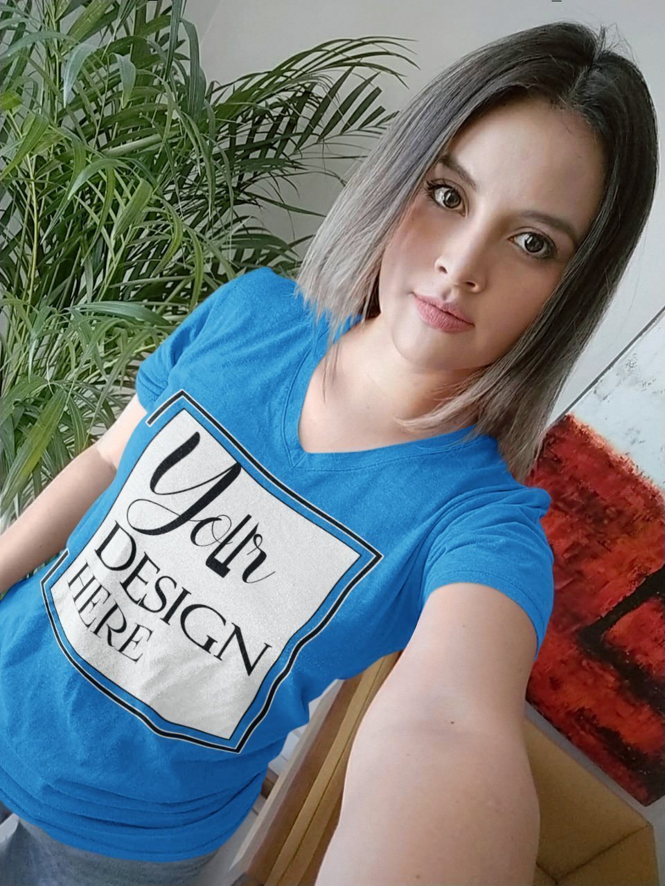 woman-with-a-heathered-v-neck-tee-taking-a-selfie Personalized Print Women's V-Neck T-Shirt